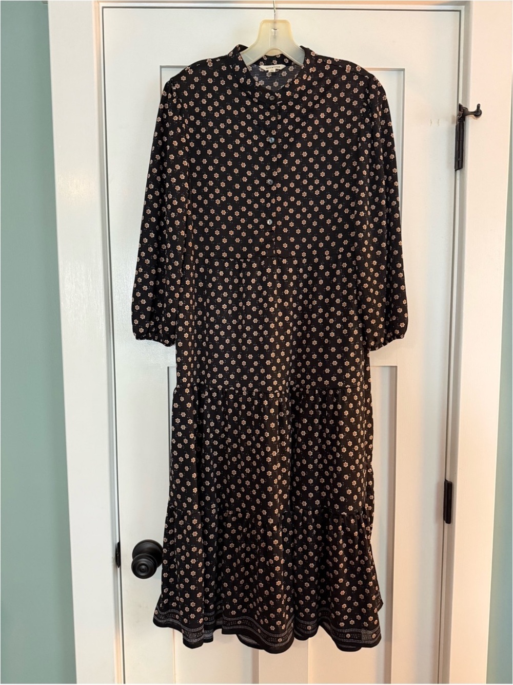 Max Studio Black Long Sleeve Floral Tiered Midi Dress